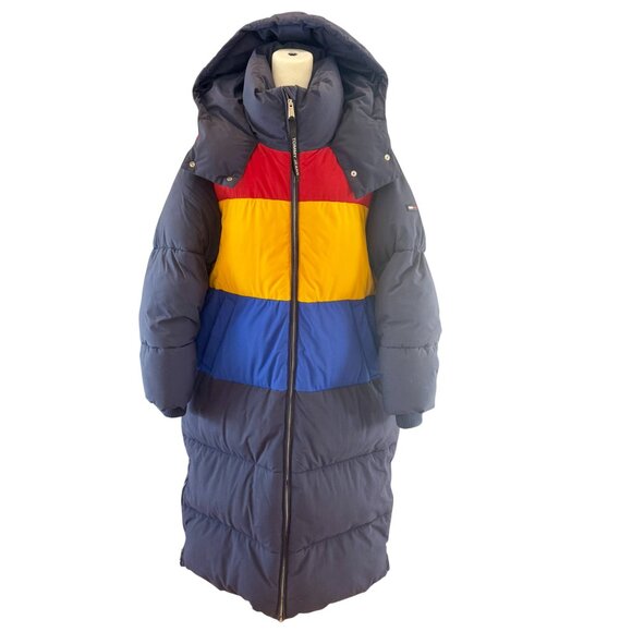 Tommy Jeans Colorblock Long Puffer Coat Red Yellow Blue Navy Size M - Picture 3 of 13
